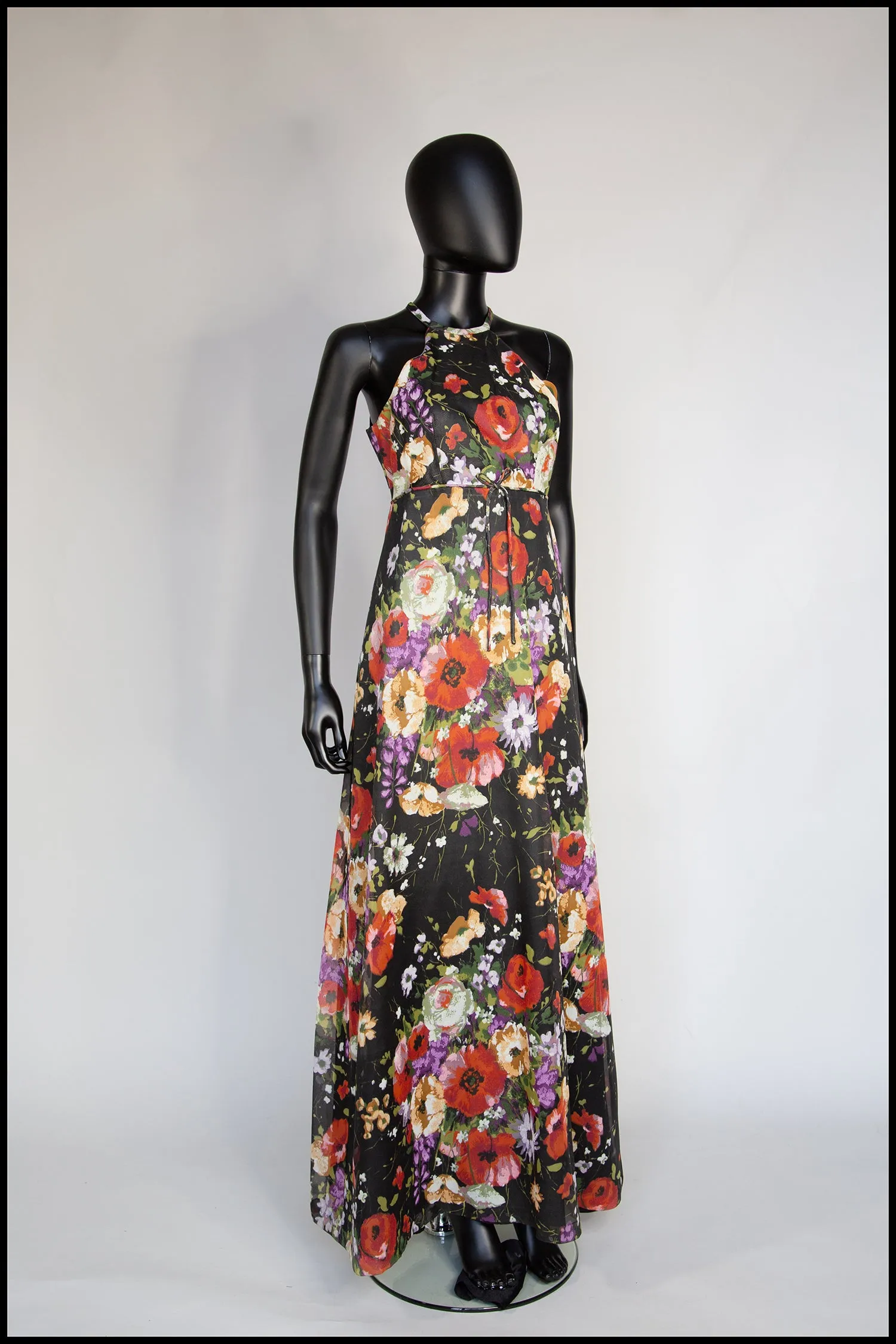 Vintage 1970s Rose Floral Chiffon Maxi Dress