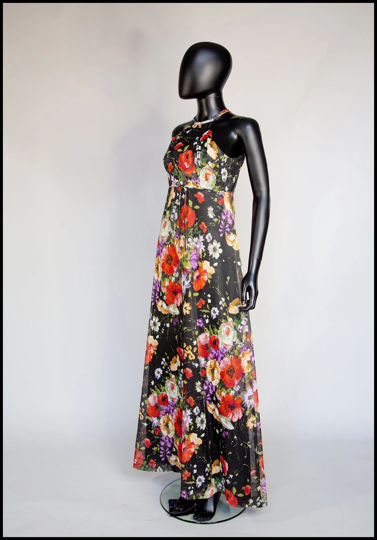 Vintage 1970s Rose Floral Chiffon Maxi Dress