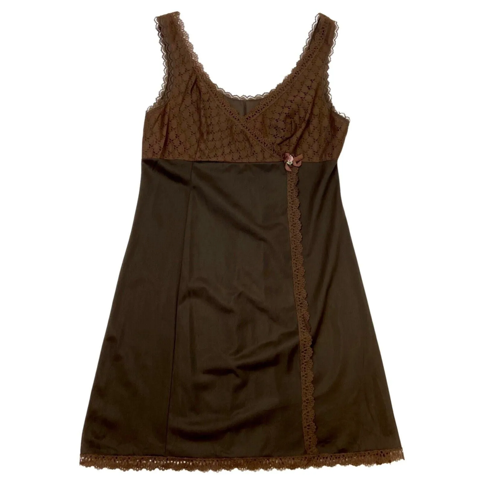 Vintage 90s Brown Sheer Lace Slip Dress S