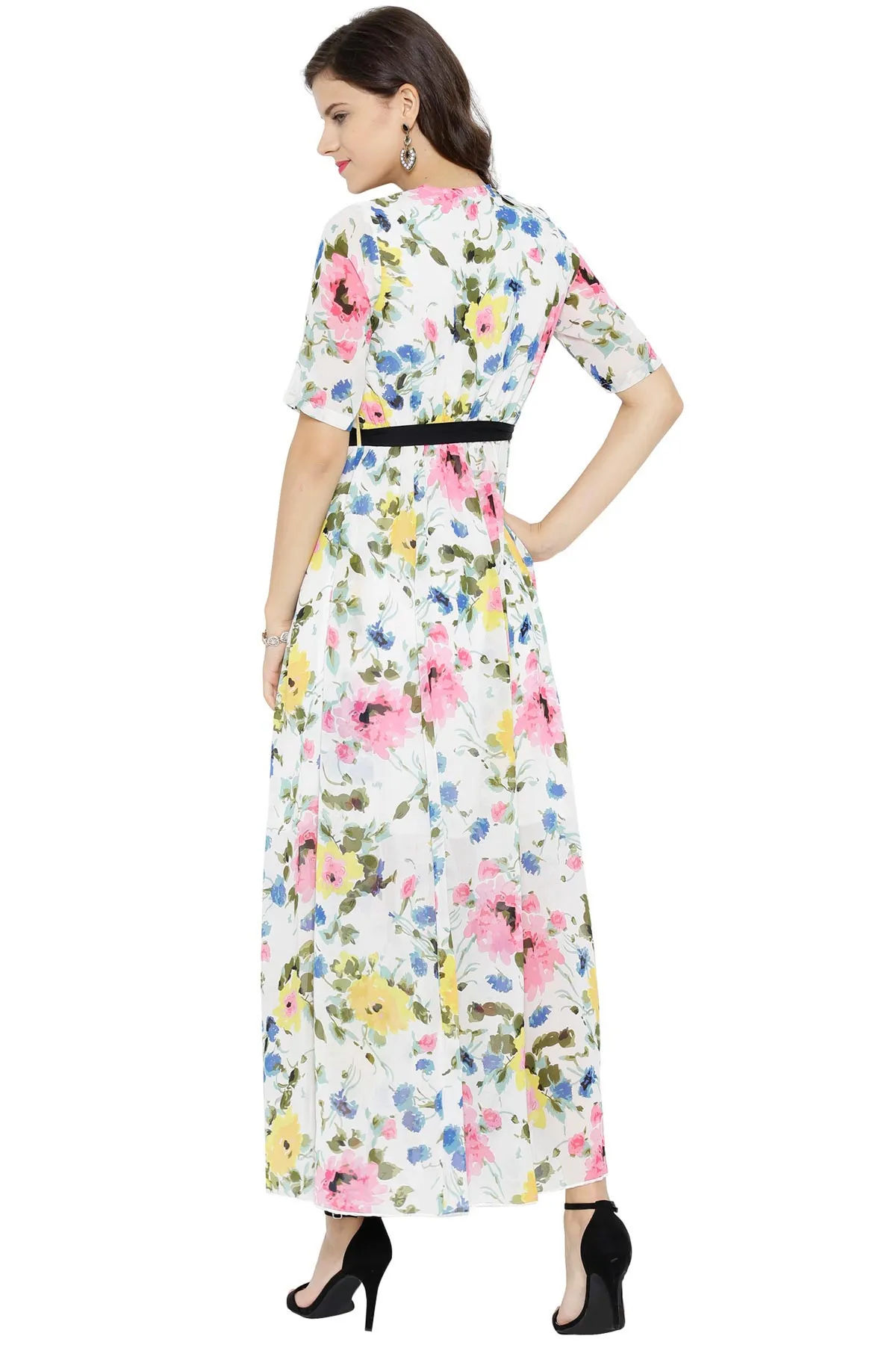 White Floral Belted Maxi Dress