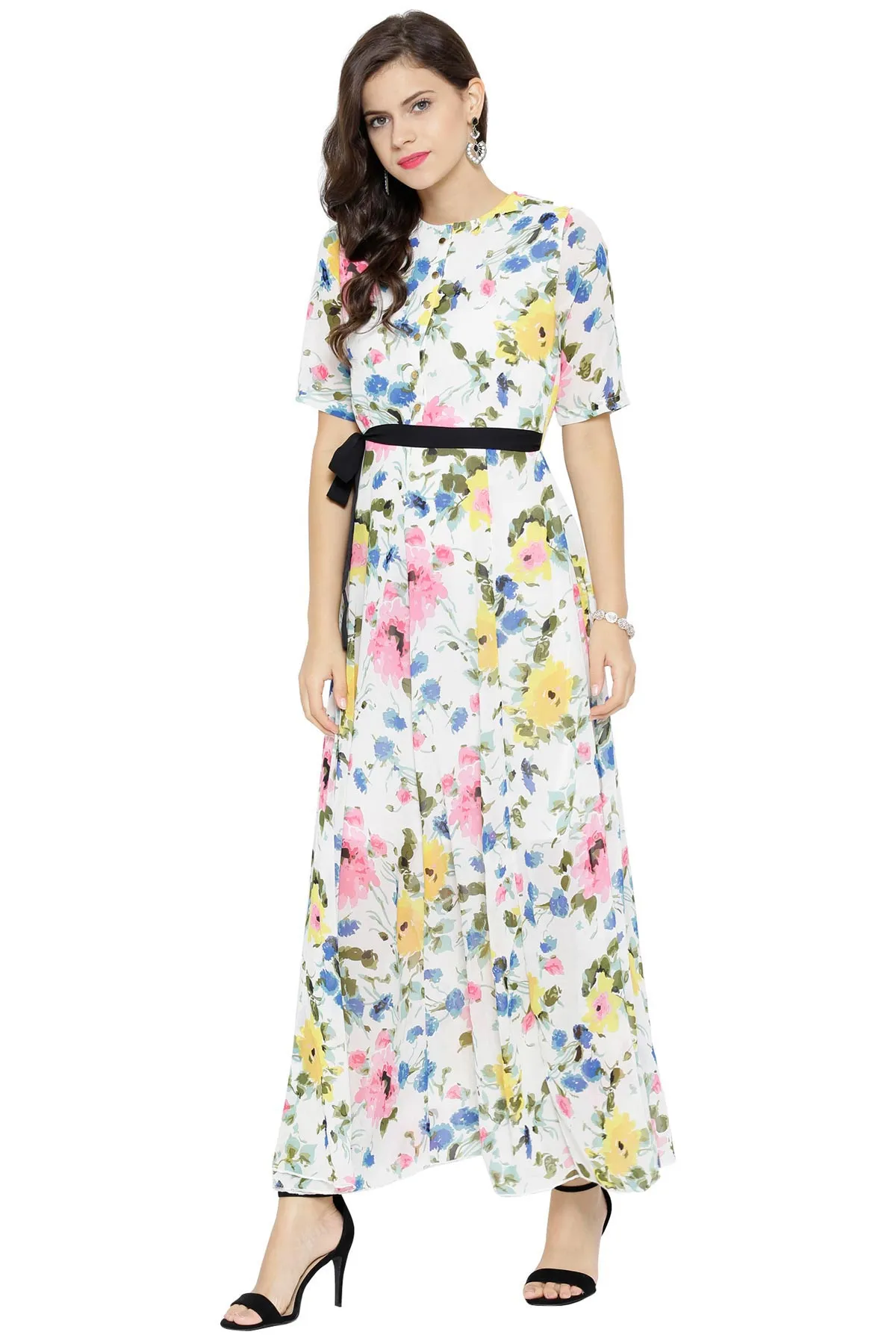 White Floral Belted Maxi Dress