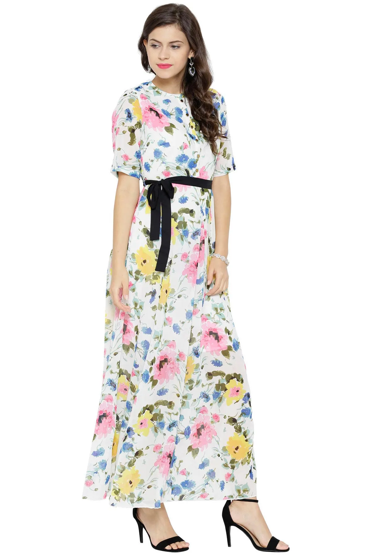 White Floral Belted Maxi Dress