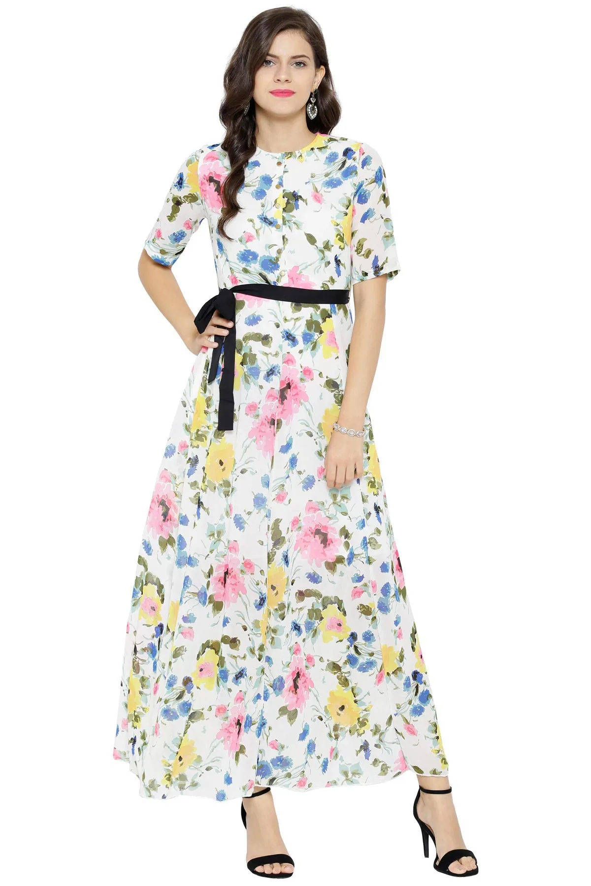 White Floral Belted Maxi Dress