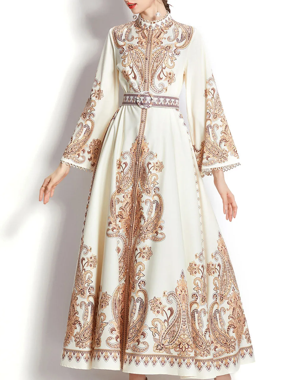 White Stand Collar Floral Print Trumpet Sleeve Bohemian Dress Maxi Dress