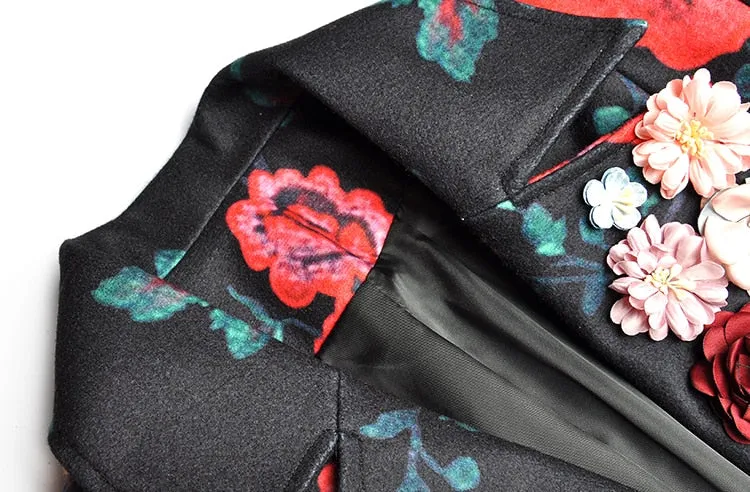 Windbreaker Single Breasted Applique Floral-Print Coat