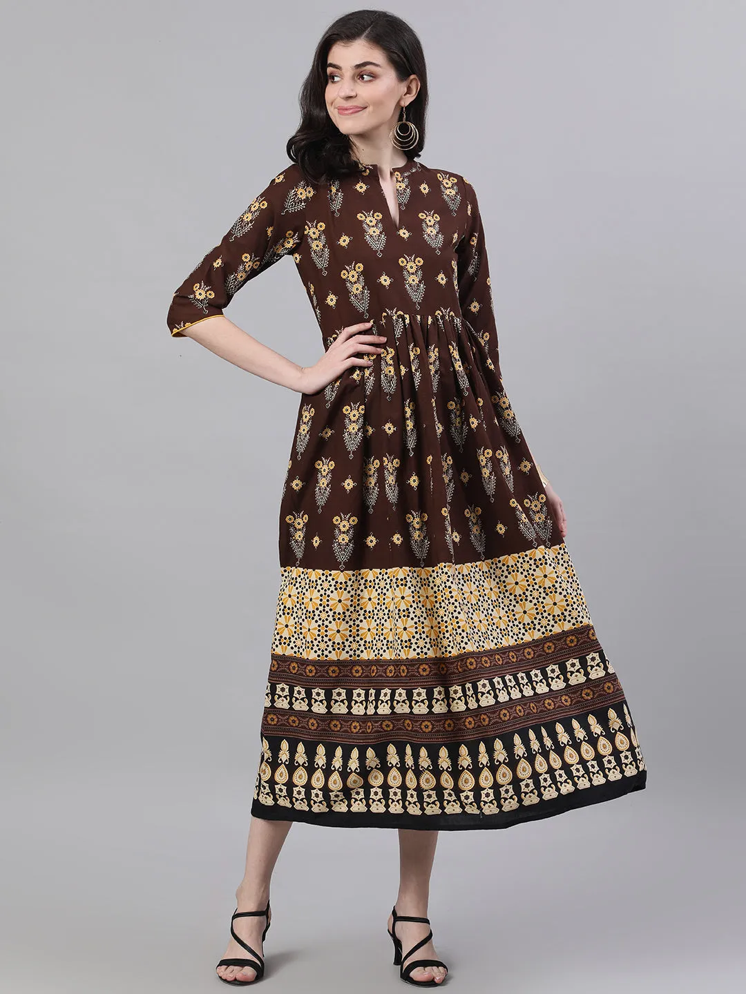 Women Brown Ethnic Motifs Printed Mandarin Collar Cotton Maxi Dress