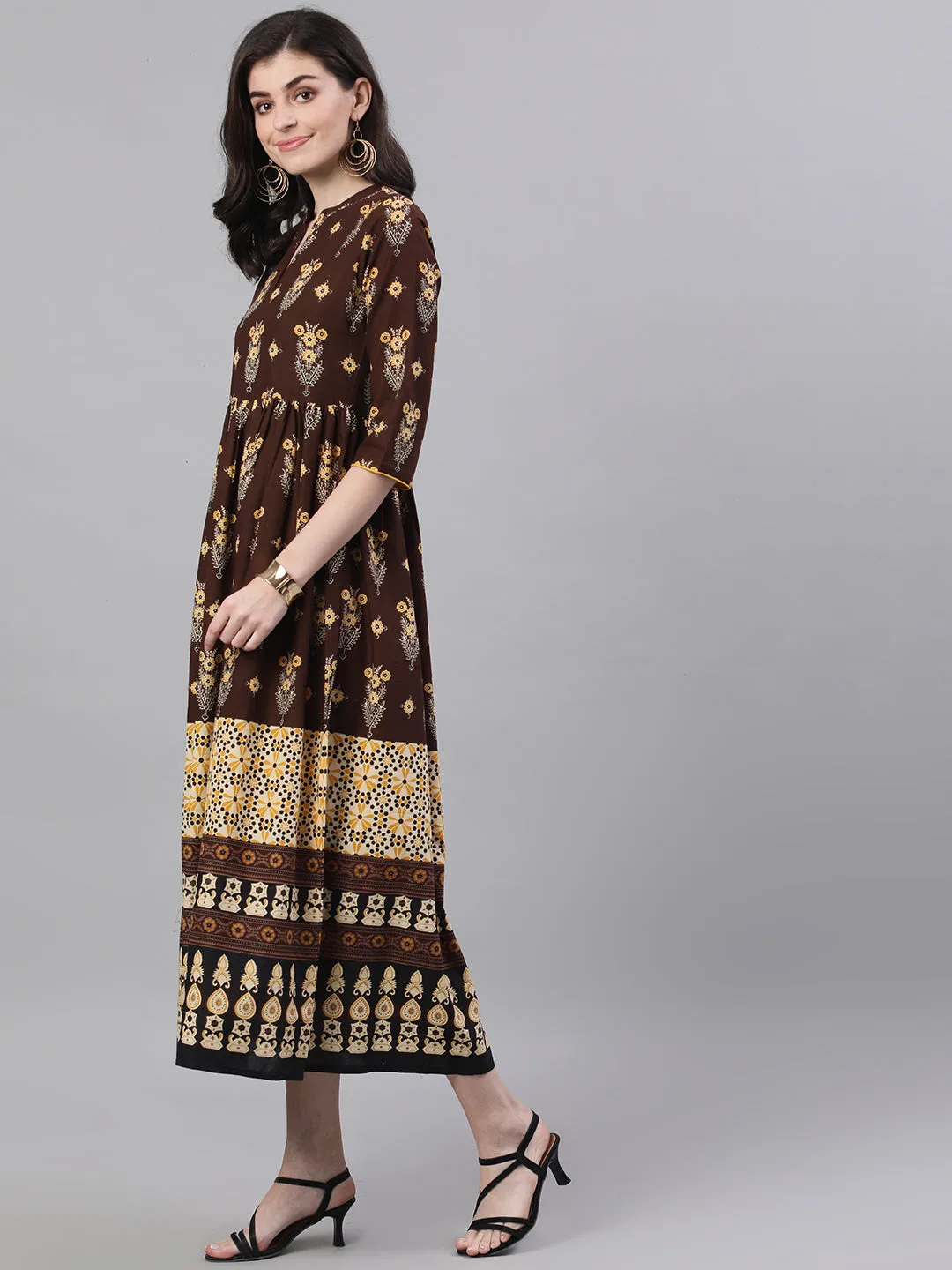 Women Brown Ethnic Motifs Printed Mandarin Collar Cotton Maxi Dress