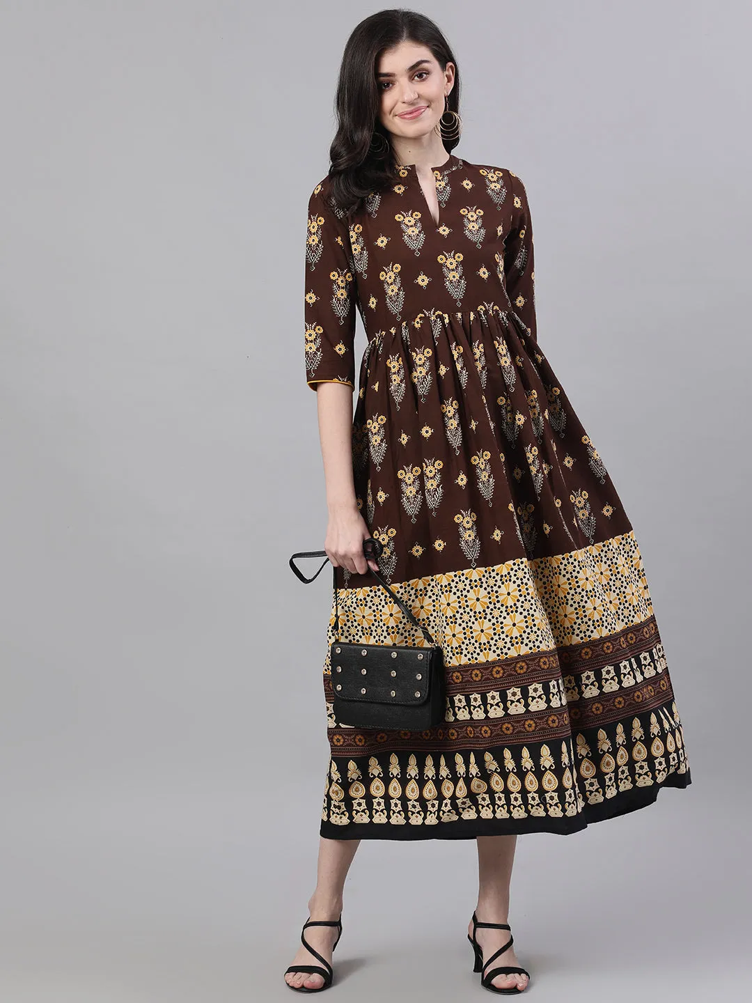 Women Brown Ethnic Motifs Printed Mandarin Collar Cotton Maxi Dress