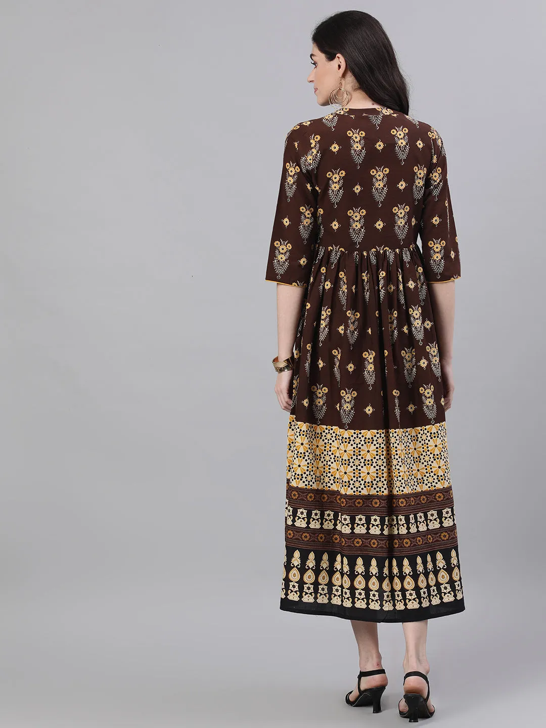 Women Brown Ethnic Motifs Printed Mandarin Collar Cotton Maxi Dress