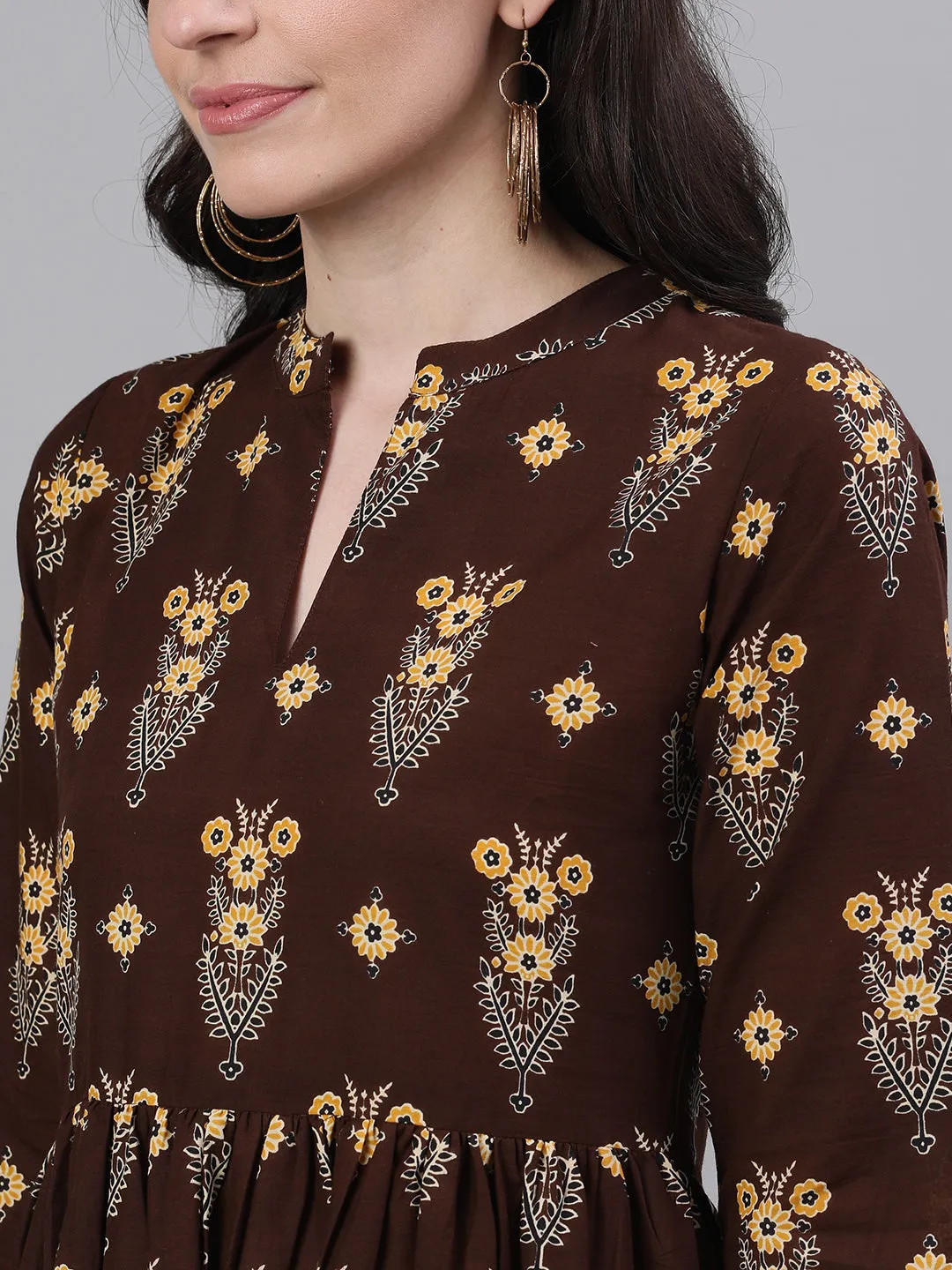 Women Brown Ethnic Motifs Printed Mandarin Collar Cotton Maxi Dress