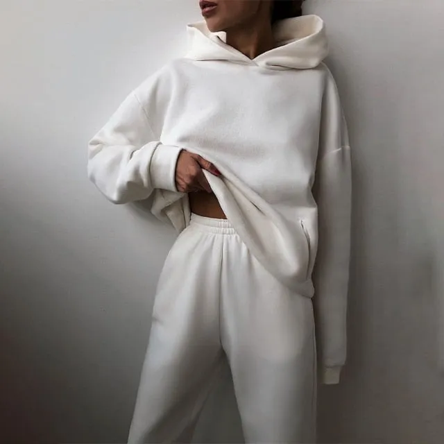 Women Elegant Solid Sets For Women Warm Hoodie Sweatshirts And Long Pant Fashion Two Piece Sets Ladies