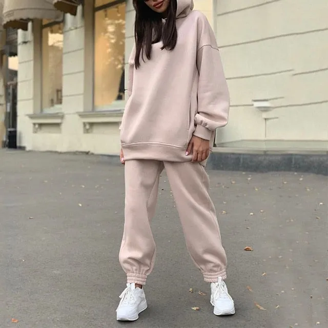 Women Elegant Solid Sets For Women Warm Hoodie Sweatshirts And Long Pant Fashion Two Piece Sets Ladies