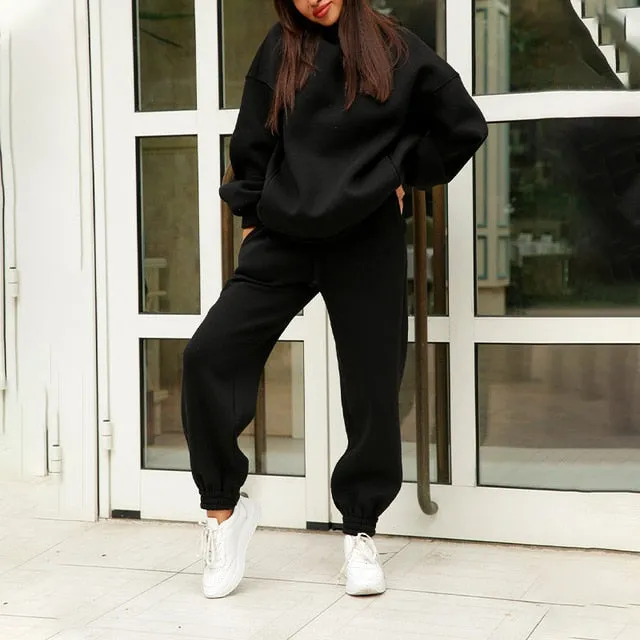 Women Elegant Solid Sets For Women Warm Hoodie Sweatshirts And Long Pant Fashion Two Piece Sets Ladies