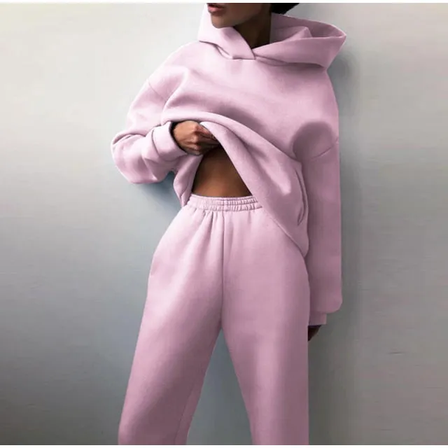 Women Elegant Solid Sets For Women Warm Hoodie Sweatshirts And Long Pant Fashion Two Piece Sets Ladies