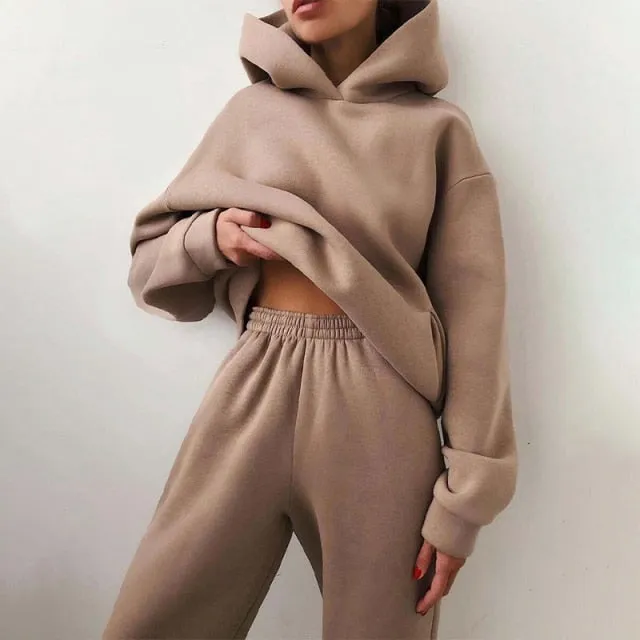 Women Elegant Solid Sets For Women Warm Hoodie Sweatshirts And Long Pant Fashion Two Piece Sets Ladies