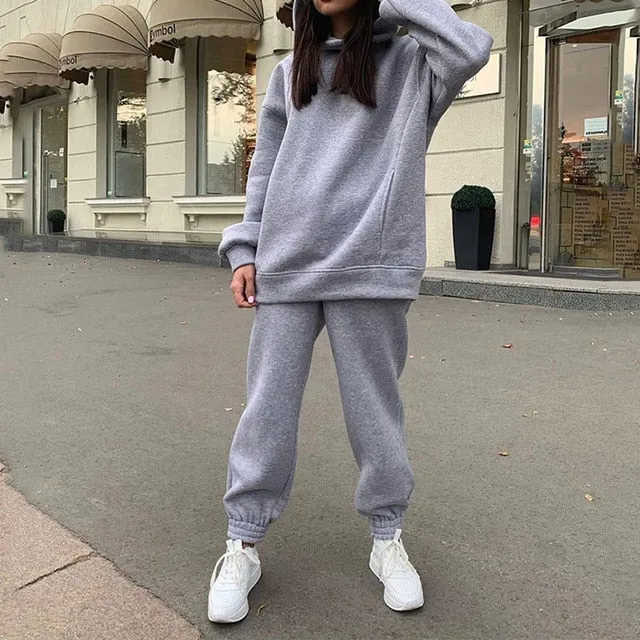 Women Elegant Solid Sets For Women Warm Hoodie Sweatshirts And Long Pant Fashion Two Piece Sets Ladies