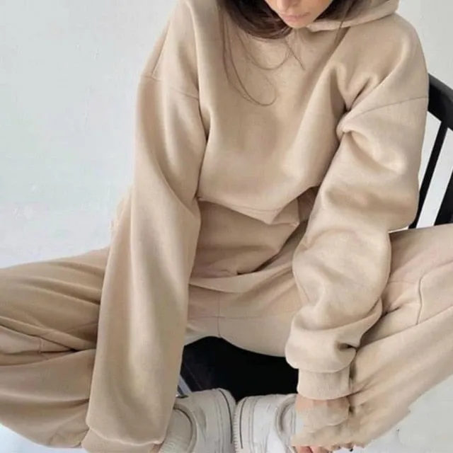 Women Elegant Solid Sets For Women Warm Hoodie Sweatshirts And Long Pant Fashion Two Piece Sets Ladies