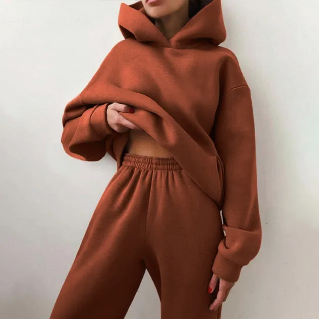 Women Elegant Solid Sets For Women Warm Hoodie Sweatshirts And Long Pant Fashion Two Piece Sets Ladies