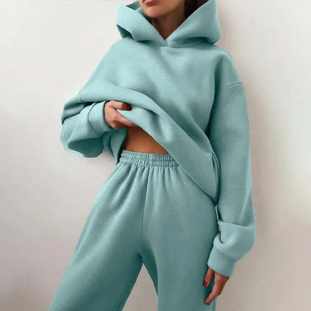 Women Elegant Solid Sets For Women Warm Hoodie Sweatshirts And Long Pant Fashion Two Piece Sets Ladies