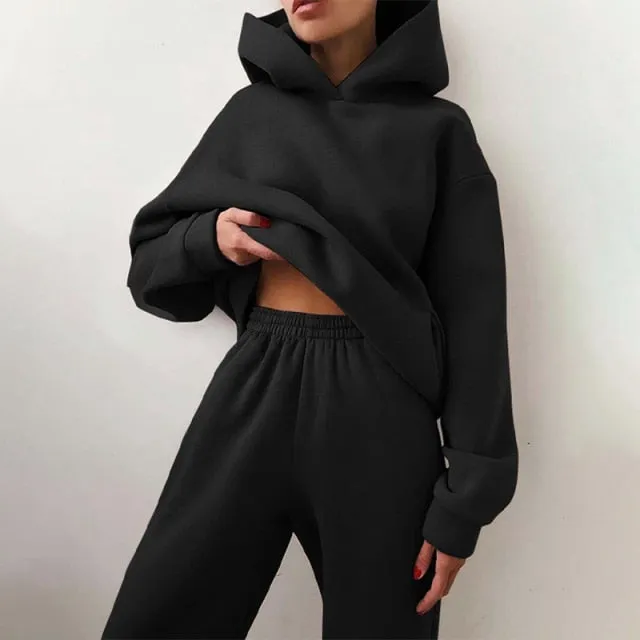 Women Elegant Solid Sets For Women Warm Hoodie Sweatshirts And Long Pant Fashion Two Piece Sets Ladies