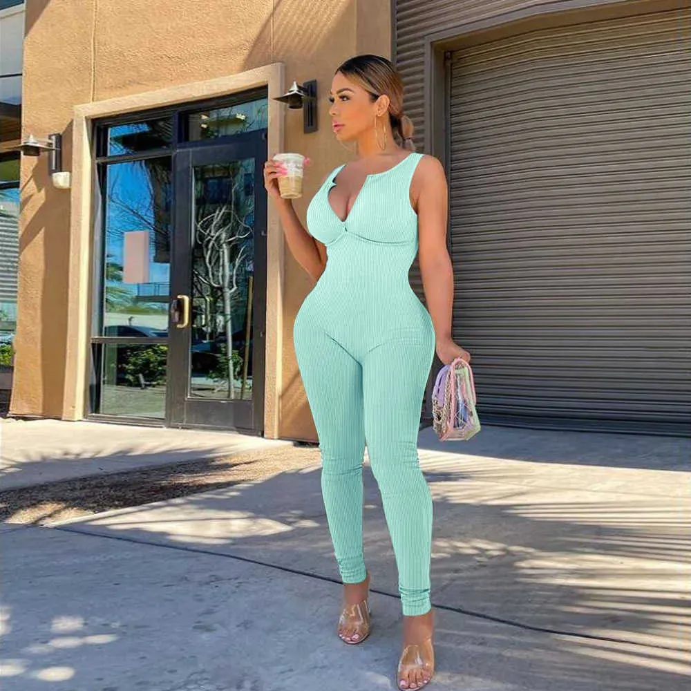 women  fashion v-neck summer jumpsuits solid color backless one-piece sleeveless trousers rompers bodysuit