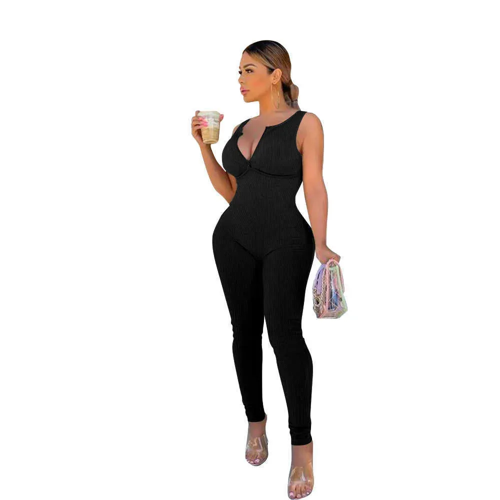 women  fashion v-neck summer jumpsuits solid color backless one-piece sleeveless trousers rompers bodysuit