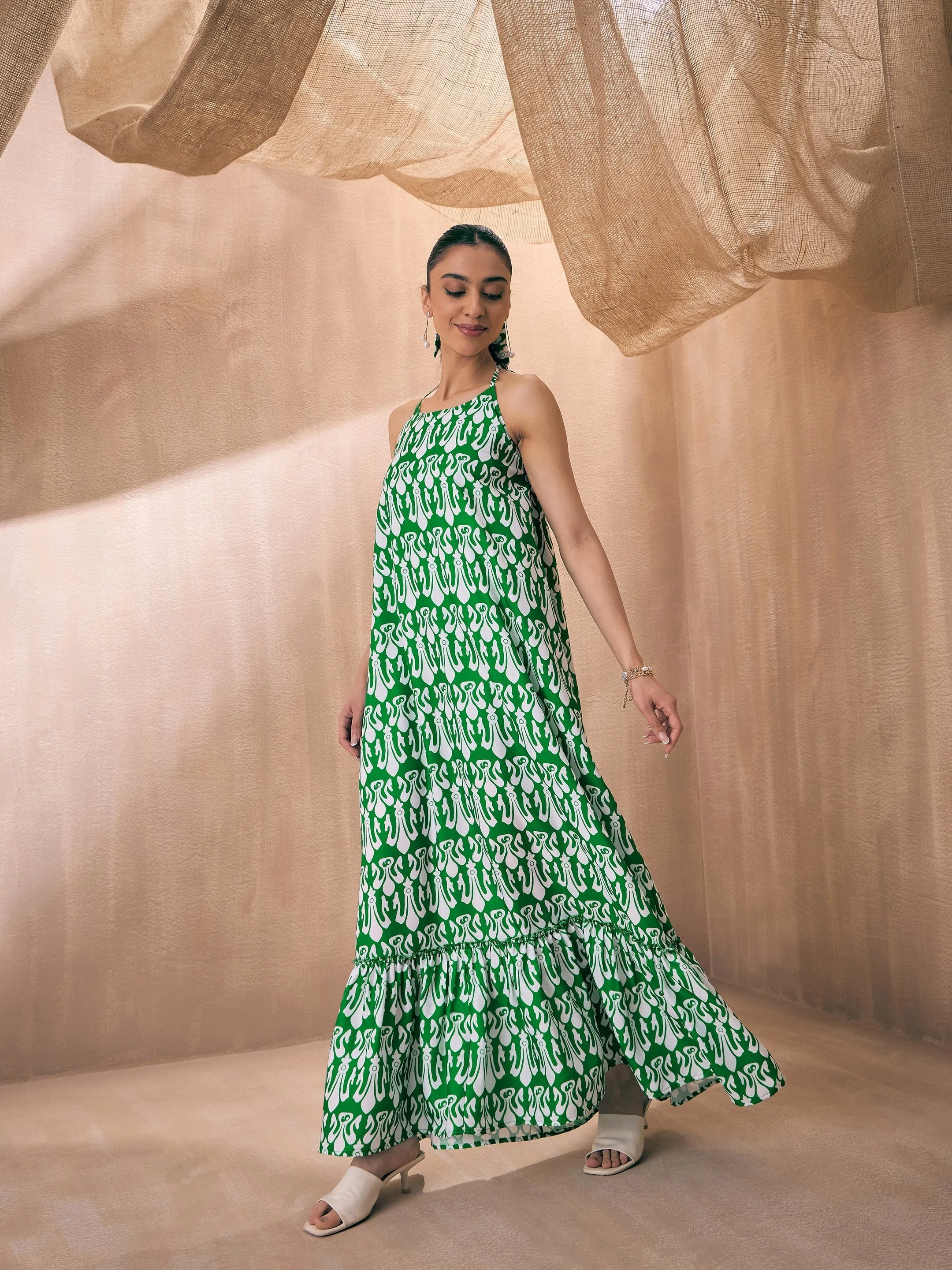 Women Green & White Ikat Halter Neck Loose Tiered Maxi