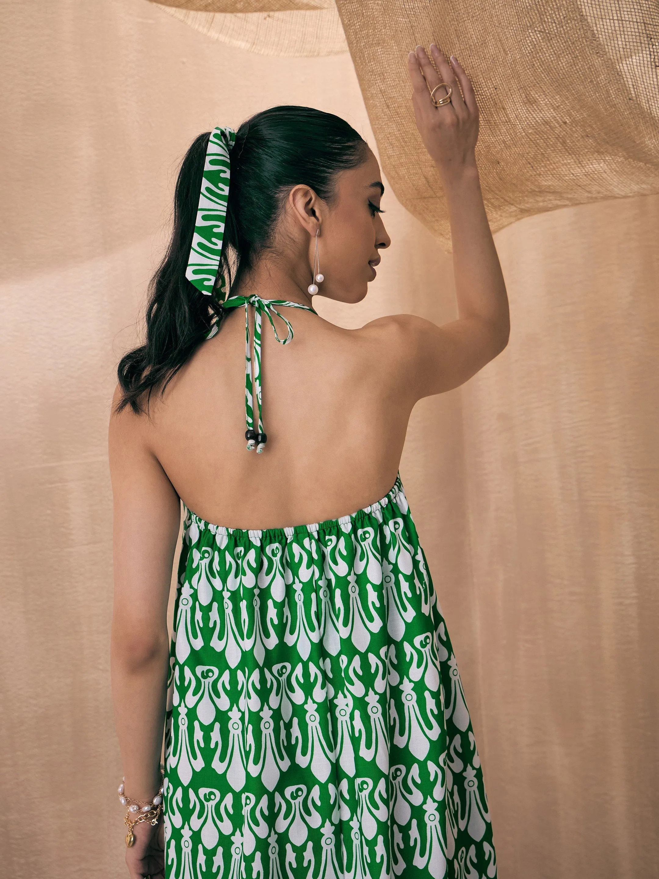 Women Green & White Ikat Halter Neck Loose Tiered Maxi