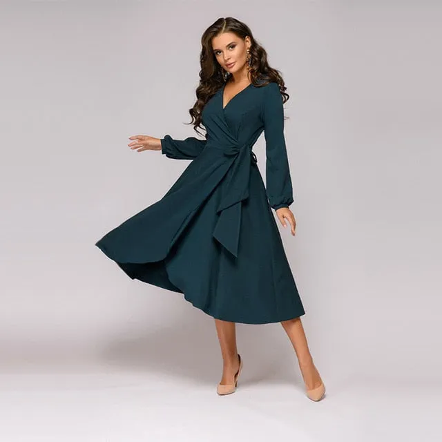 Women Long Sleeve Sexy V neck Party Dress