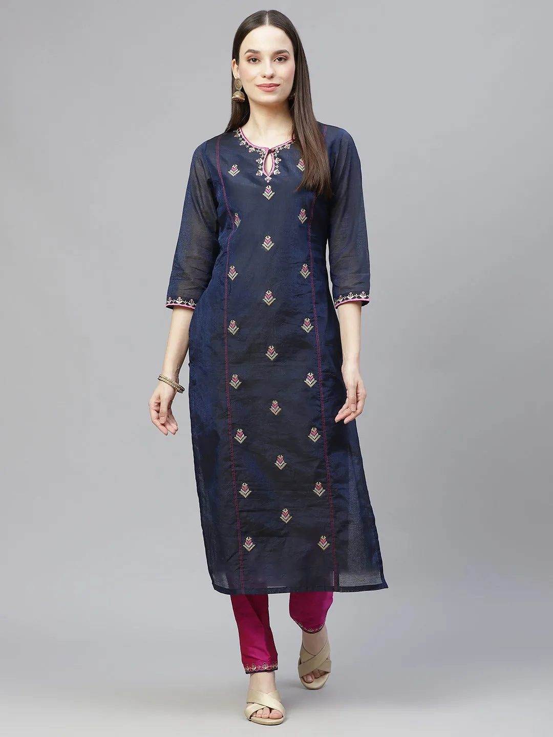 Women Navy Blue & Pink Ethnic Motifs Embroidered Regular Kurta With Trousers