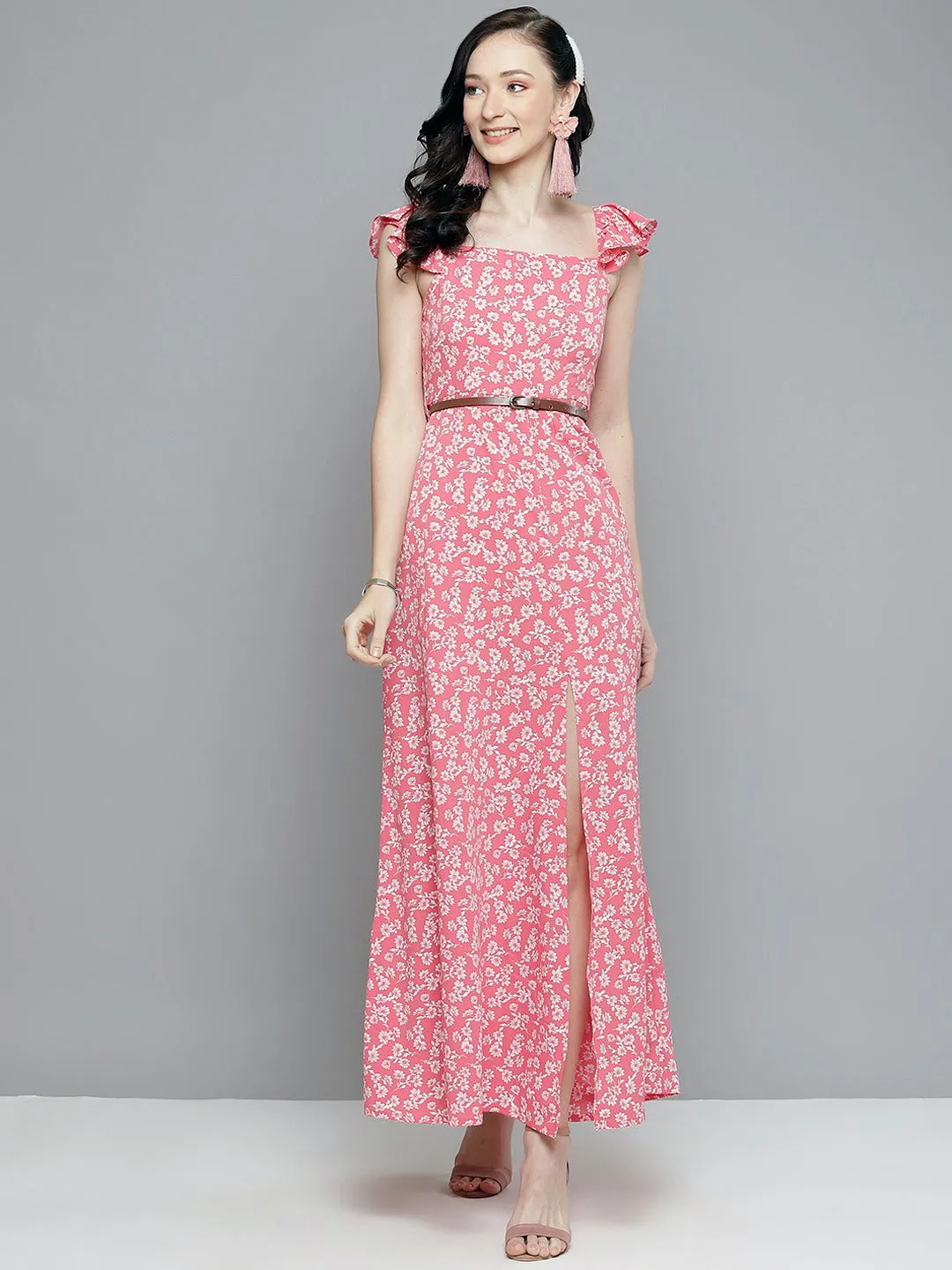 Women Pink Floral Bardot Belted Maxi Dress