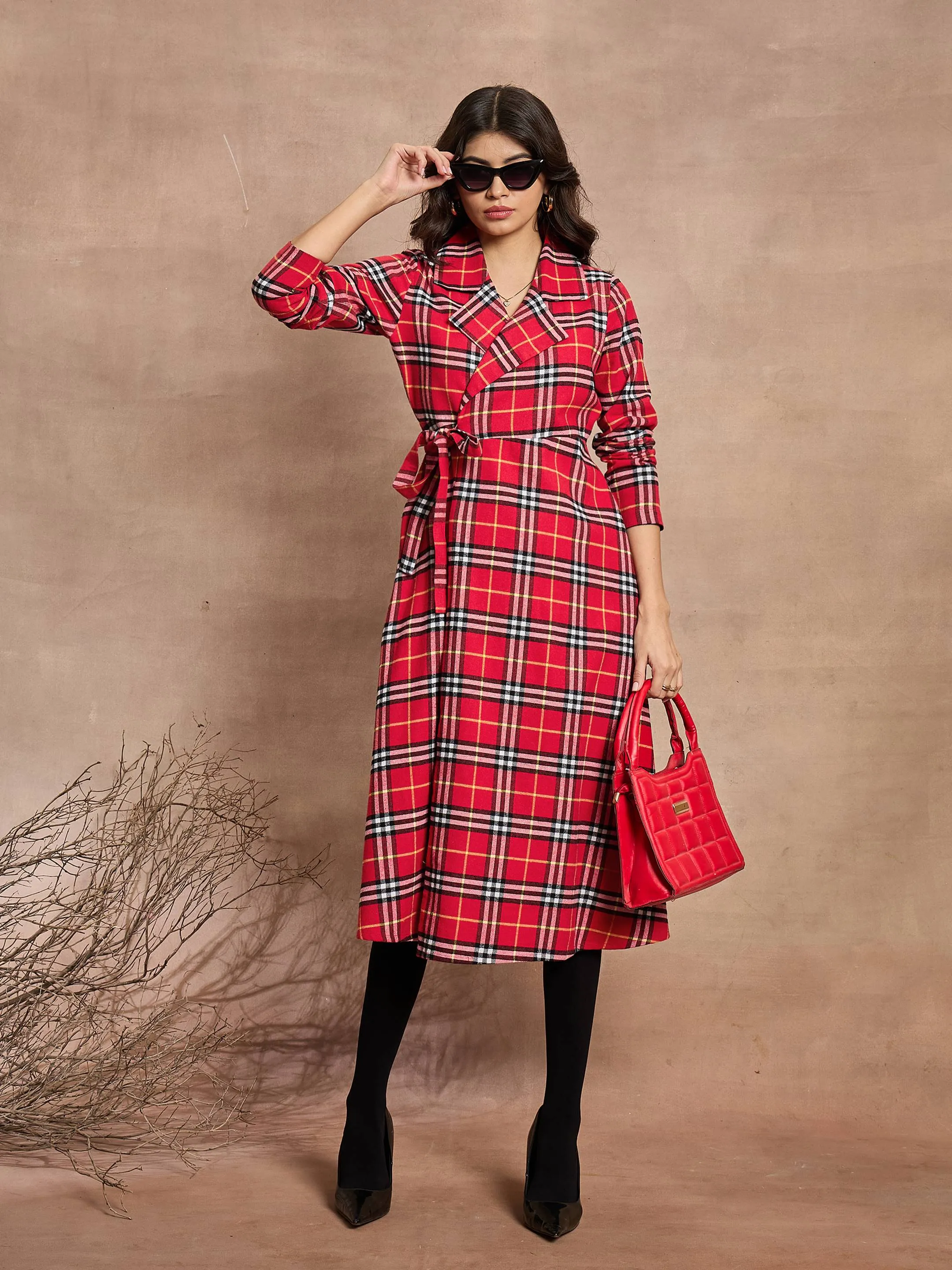 Women Red Check Wrap Tie-Up Midi Dress