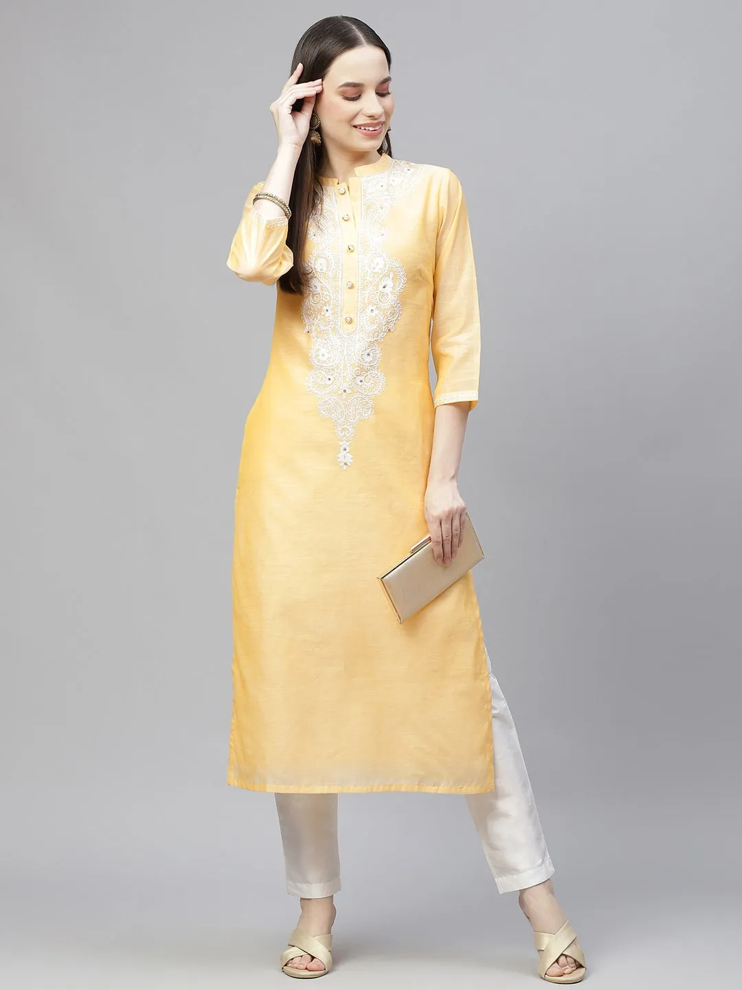 Women Yellow & White Ethnic Yoke Design Regular Aari Work Kurta With Trousers