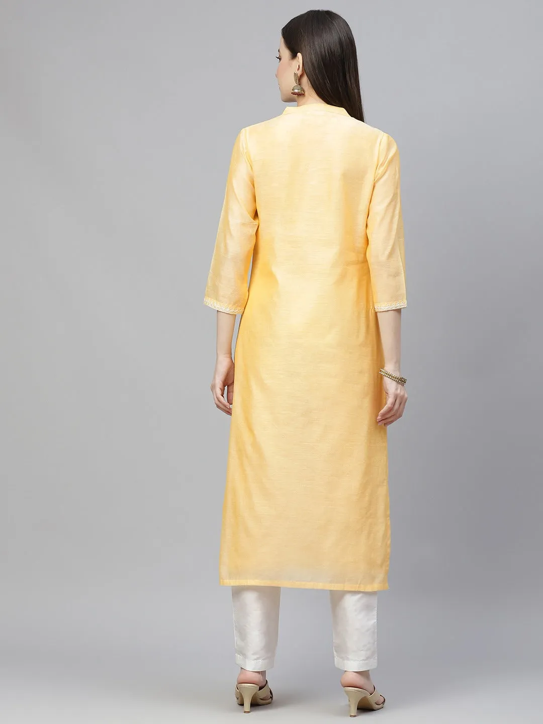 Women Yellow & White Ethnic Yoke Design Regular Aari Work Kurta With Trousers