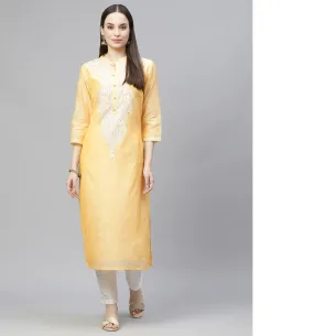 Women Yellow & White Ethnic Yoke Design Regular Aari Work Kurta With Trousers