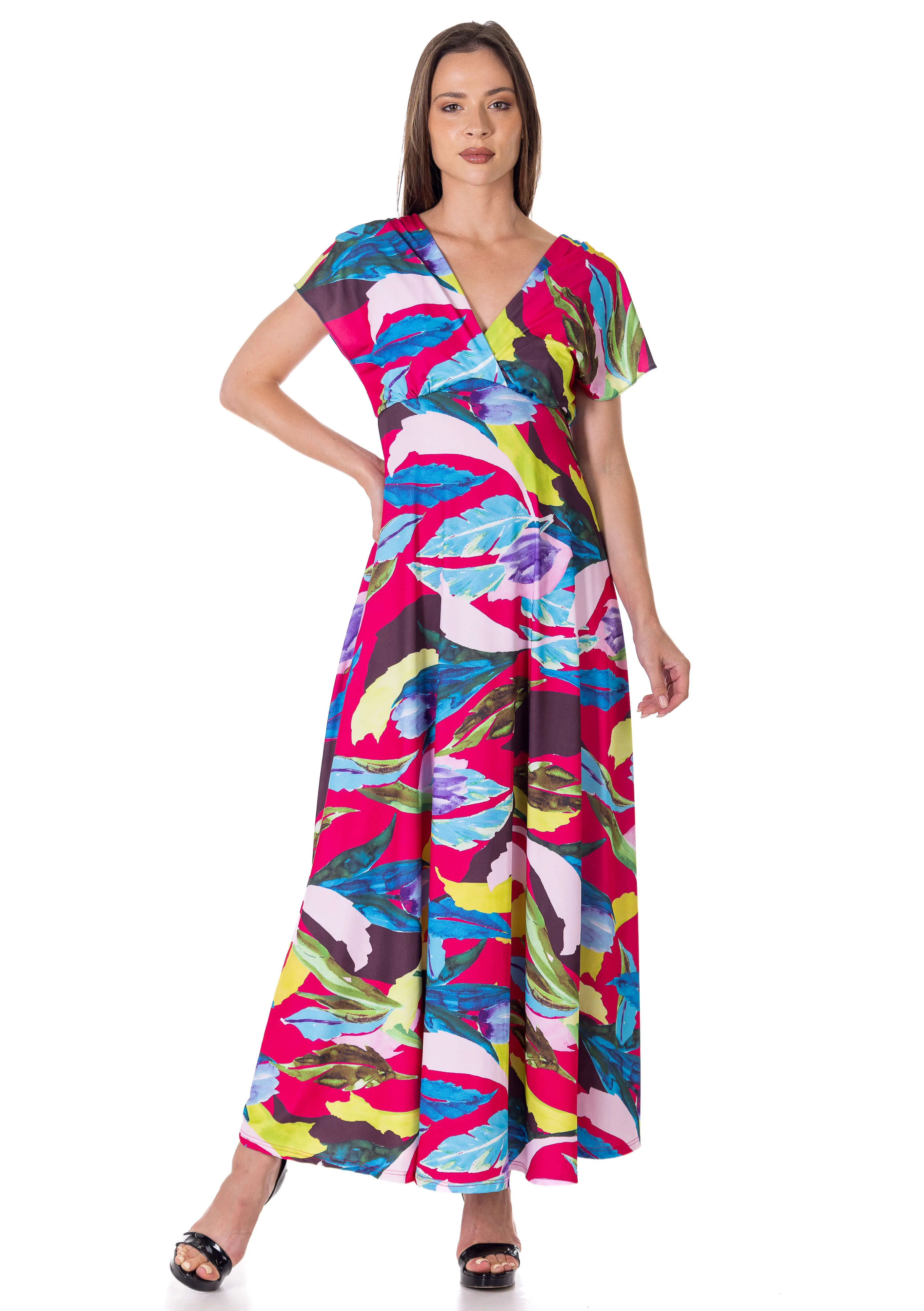 Womens Floral Print V Neck Empire Waist Kimono Cap Sleeve Maxi Dress