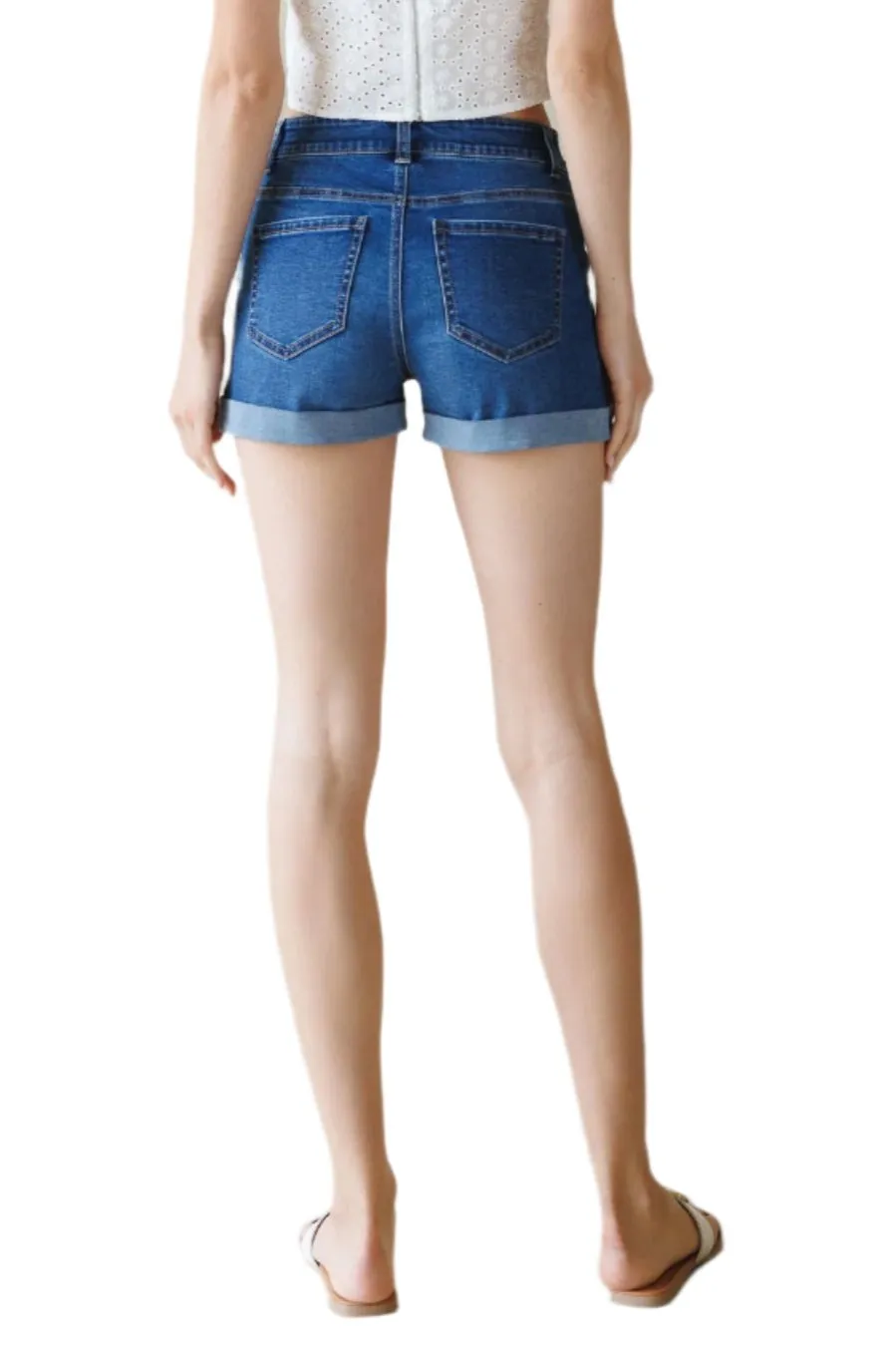 Women's High Rise Heavy Destructed Mid Length Short - Medium Blue