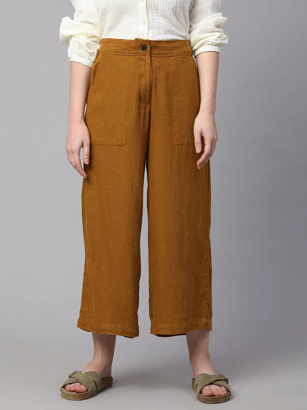 Women's Mustard Linen Viscose Wide Leg Culotte