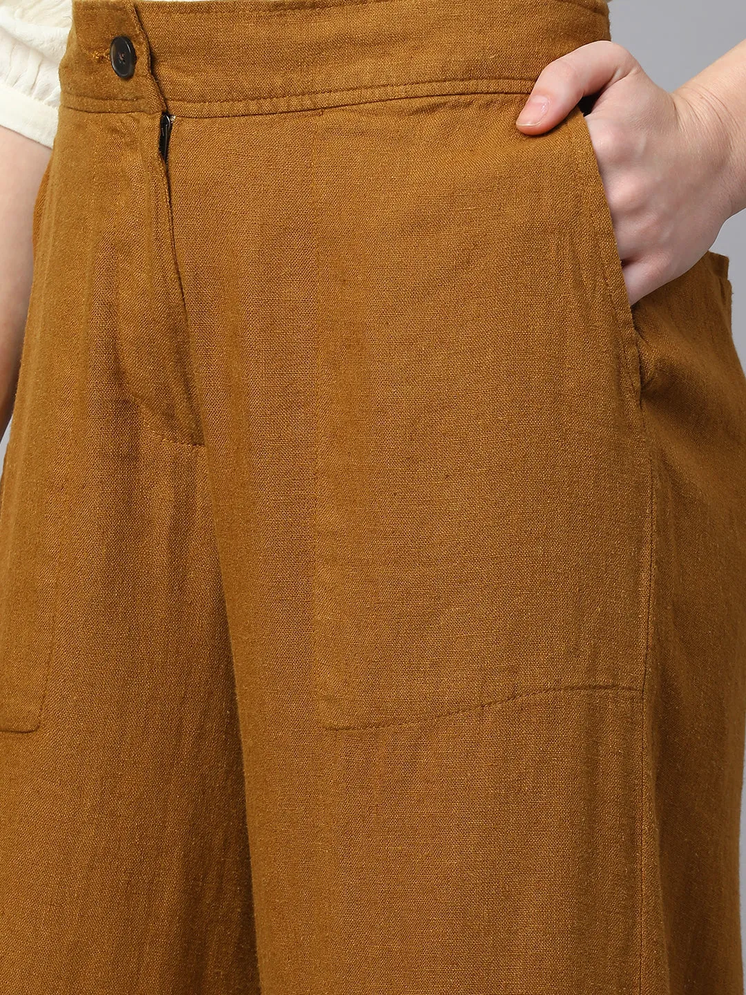 Women's Mustard Linen Viscose Wide Leg Culotte