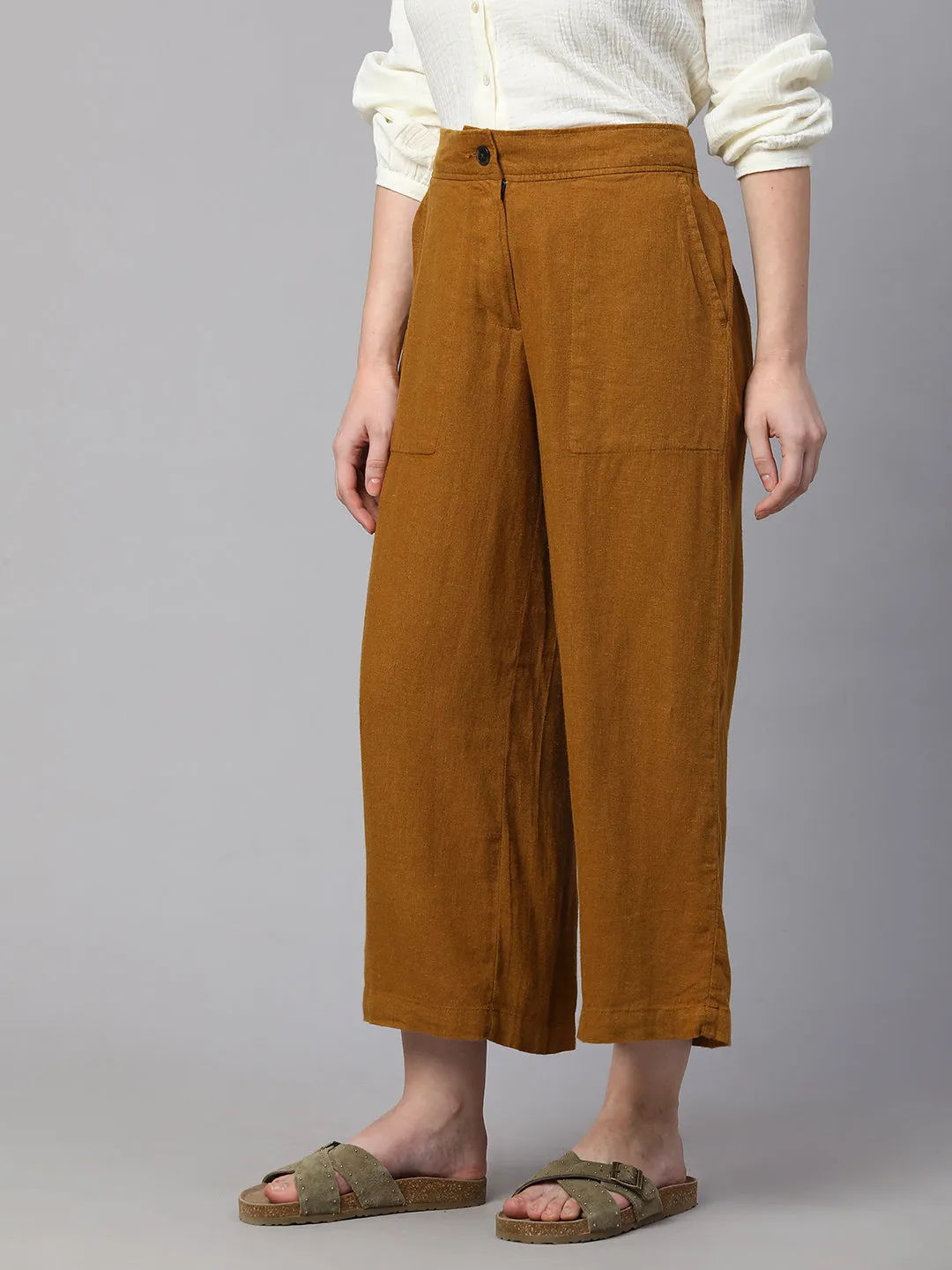 Women's Mustard Linen Viscose Wide Leg Culotte