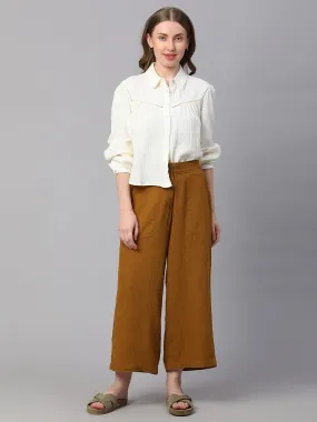 Women's Mustard Linen Viscose Wide Leg Culotte