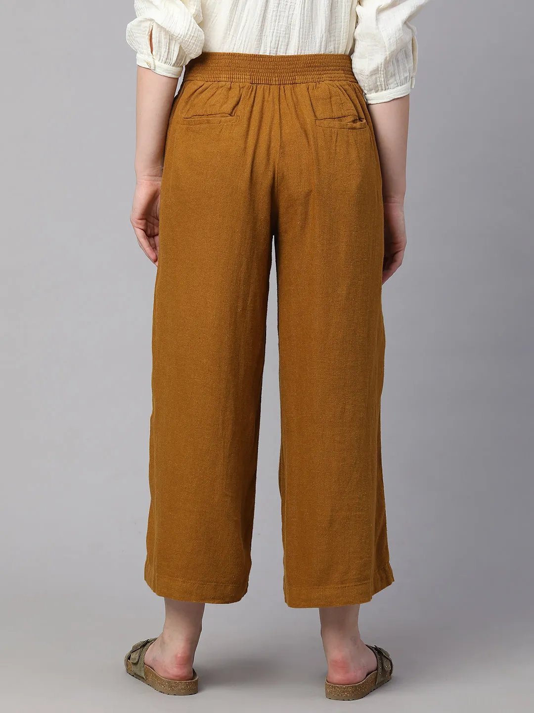 Women's Mustard Linen Viscose Wide Leg Culotte