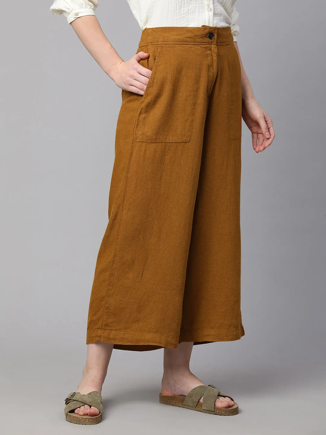 Women's Mustard Linen Viscose Wide Leg Culotte