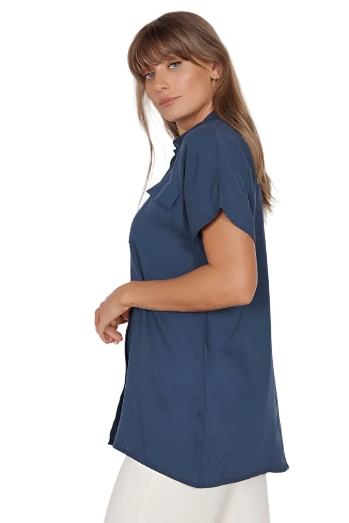 Womens Shirt Navy Blue - Thalia Short Sleeve Shirt - Sustainable Fabric