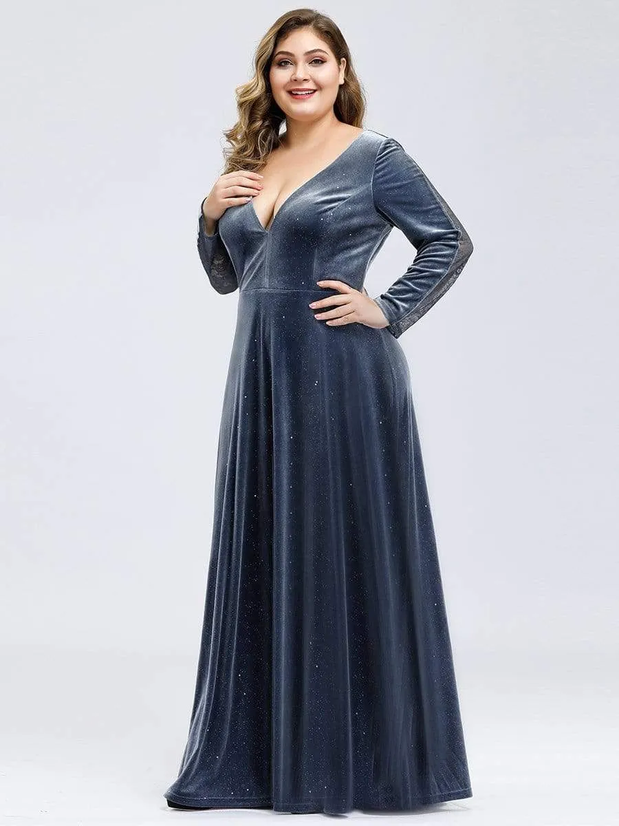 Women's V-Neck Floor Length Velvet Prom Dresses With Long Sleeve