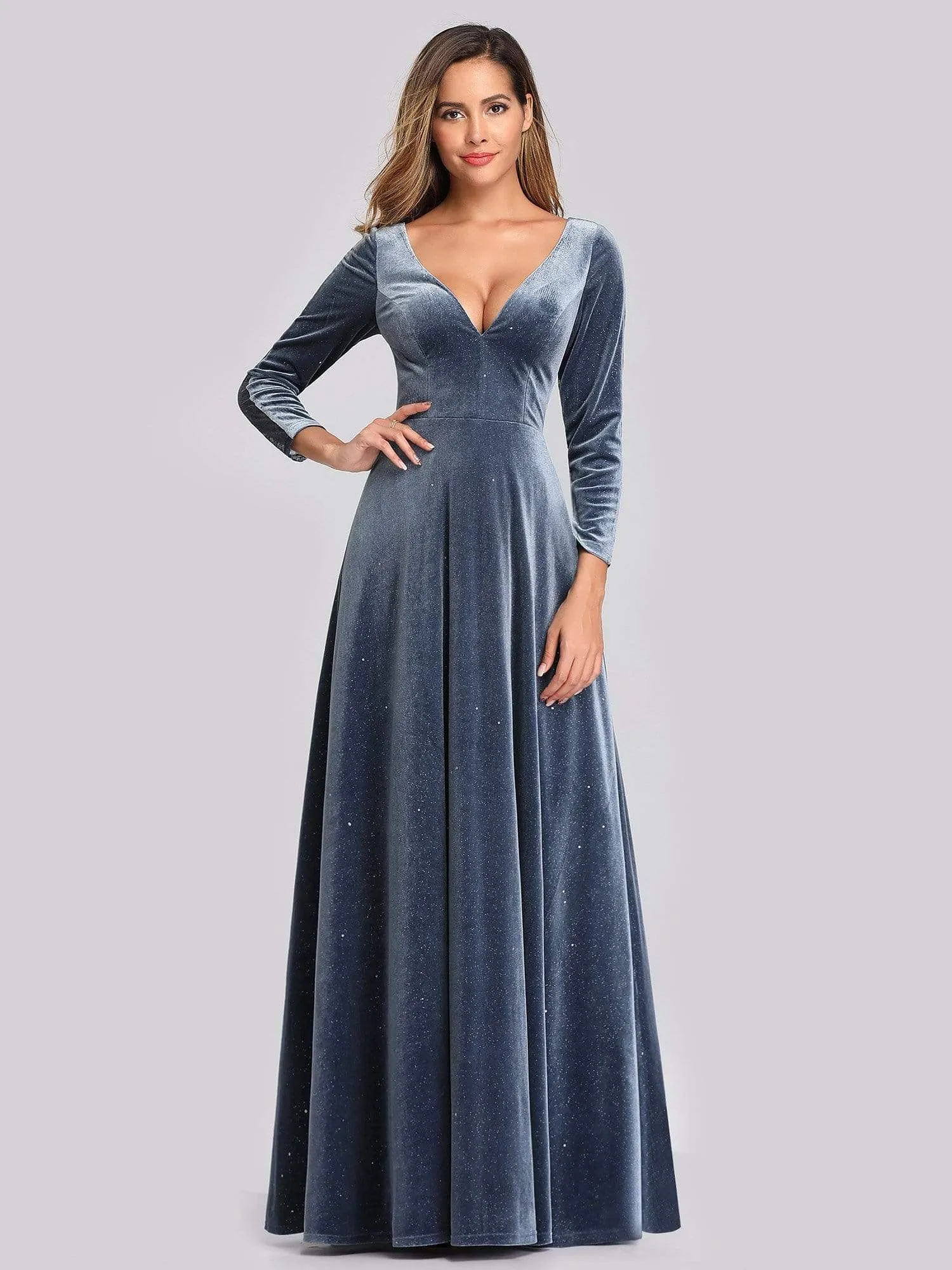 Women's V-Neck Floor Length Velvet Prom Dresses With Long Sleeve