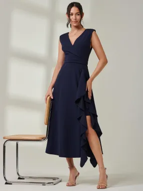 Wrap Front Frill Detail Maxi Dress, Navy