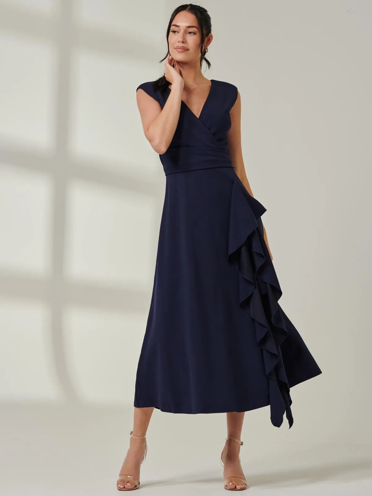 Wrap Front Frill Detail Maxi Dress, Navy