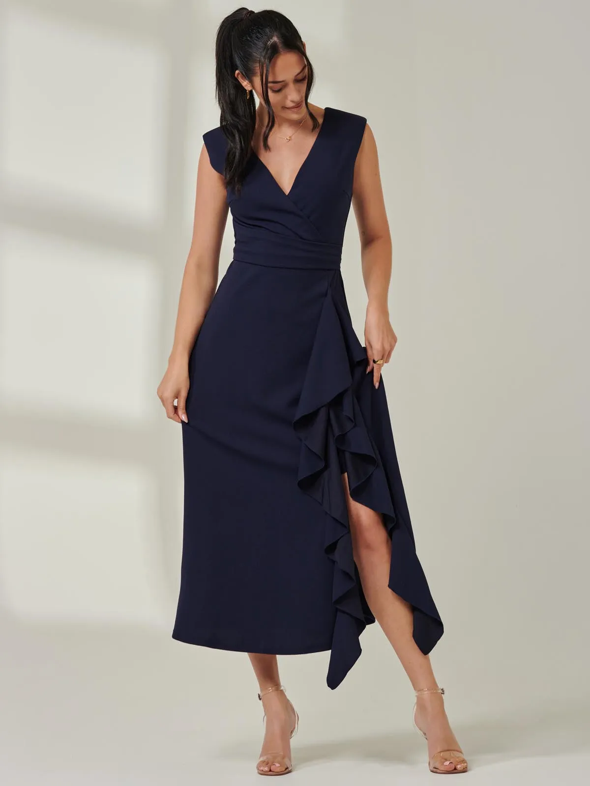 Wrap Front Frill Detail Maxi Dress, Navy