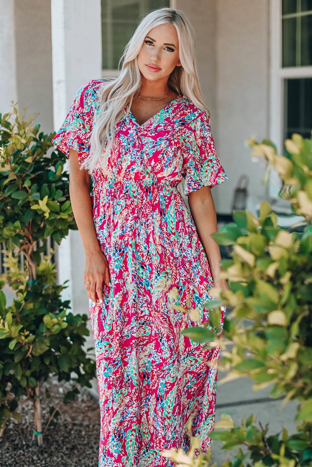 Wrap V Neck Floral Maxi Dress